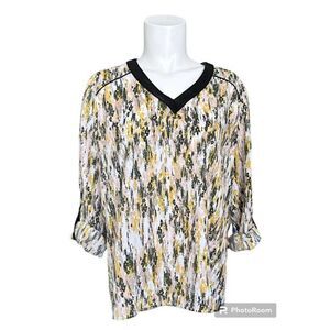 41 Hawthorn Green Yellow Print Roll Tab Sleeve Blouse Top Vegan Leather‎ Trim L